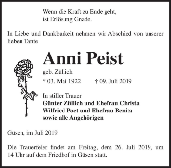 Traueranzeige von Anni Peist (geb. Züllich)  von Magdeburger Volksstimme