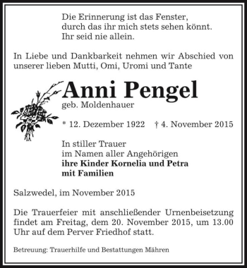 Traueranzeige von Anni Pengel (geb. Moldenhauer)  von Magdeburger Volksstimme
