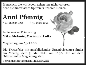 Traueranzeige von Anni Pfennig  von Magdeburger Volksstimme