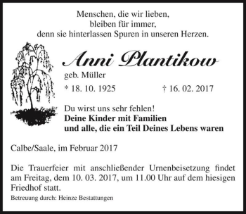 Traueranzeige von Anni Plantikow (geb. Müller)  von Magdeburger Volksstimme
