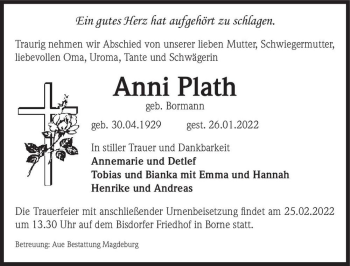 Traueranzeige von Anni Plath (geb. Bormann)  von Magdeburger Volksstimme