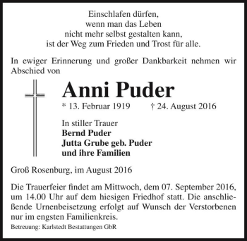 Traueranzeige von Anni Puder  von Magdeburger Volksstimme