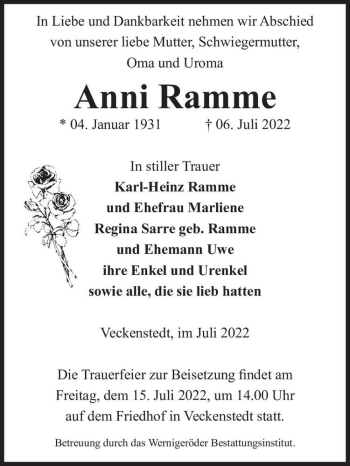 Traueranzeige von Anni Ramme  von Magdeburger Volksstimme