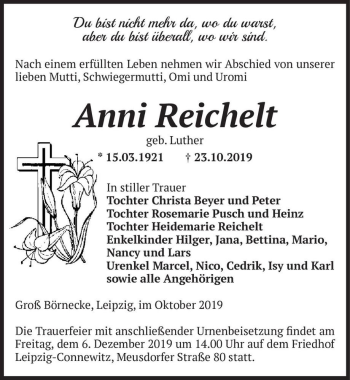 Traueranzeige von Anni Reichelt (geb. Luther)  von Magdeburger Volksstimme