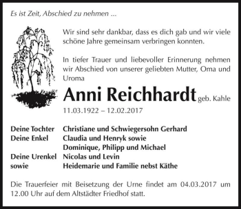 Traueranzeige von Anni Reichhardt (geb. Kahle)  von Magdeburger Volksstimme