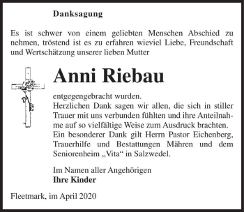 Traueranzeige von Anni Riebau  von Magdeburger Volksstimme