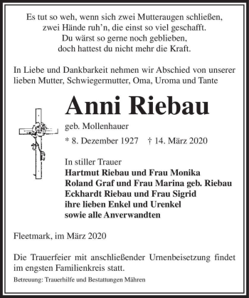 Traueranzeige von Anni Riebau (geb. Mollenhauer)  von Magdeburger Volksstimme