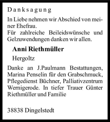 Traueranzeige von Anni Riethmüller (Hergoltz)  von Magdeburger Volksstimme