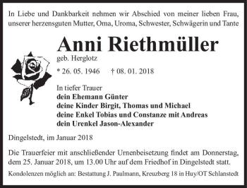 Traueranzeige von Anni Riethmüller (geb. Herglotz)  von Magdeburger Volksstimme