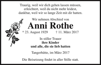 Traueranzeige von Anni Rothe  von Magdeburger Volksstimme