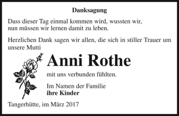 Traueranzeige von Anni Rothe  von Magdeburger Volksstimme