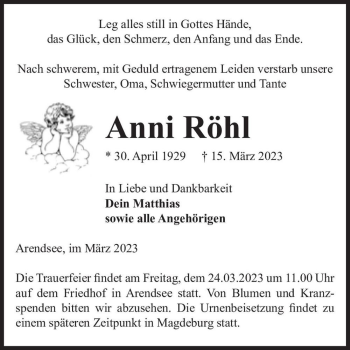Traueranzeige von Anni Röhl  von Magdeburger Volksstimme