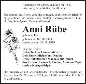 Traueranzeige von Anni Rübe (geb. Ebert)  von Magdeburger Volksstimme