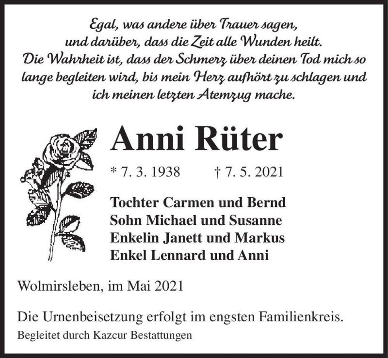  Traueranzeige für Anni Rüter  vom 11.05.2021 aus Magdeburger Volksstimme
