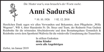 Traueranzeige von Anni Sadurski  von Magdeburger Volksstimme