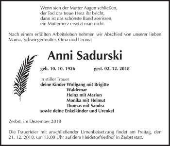 Traueranzeige von Anni Sadurski  von Magdeburger Volksstimme