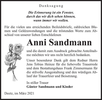 Traueranzeige von Anni Sandmann  von Magdeburger Volksstimme