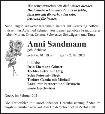 Traueranzeige von Anni Sandmann (geb. Schütze)  von Magdeburger Volksstimme