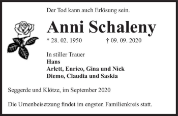 Traueranzeige von Anni Schaleny  von Magdeburger Volksstimme