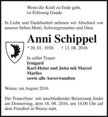 Traueranzeige von Anni Schippel  von Magdeburger Volksstimme