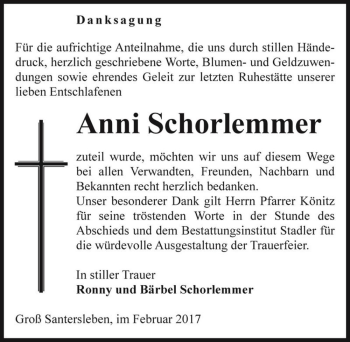 Traueranzeige von Anni Schorlemmer  von Magdeburger Volksstimme