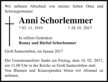 Traueranzeige von Anni Schorlemmer  von Magdeburger Volksstimme