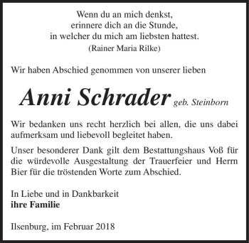 Traueranzeige von Anni Schrader (geb. Steinborn)  von Magdeburger Volksstimme