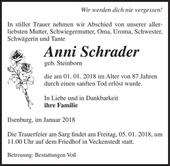 Traueranzeige von Anni Schrader (geb. Steinborn)  von Magdeburger Volksstimme