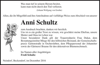 Traueranzeige von Anni Schultz  von Magdeburger Volksstimme