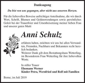 Traueranzeige von Anni Schulz  von Magdeburger Volksstimme