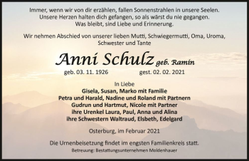 Traueranzeige von Anni Schulz (geb. Ramin)  von Magdeburger Volksstimme