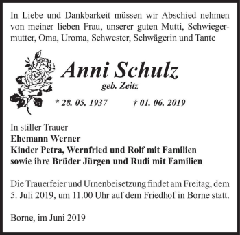 Traueranzeige von Anni Schulz (geb. Zeitz)  von Magdeburger Volksstimme