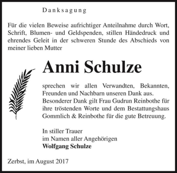Traueranzeige von Anni Schulze  von Magdeburger Volksstimme