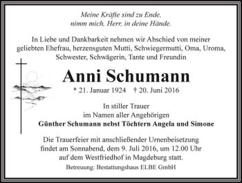 Traueranzeige von Anni Schumann  von Magdeburger Volksstimme