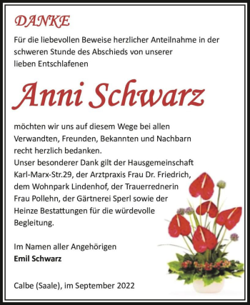 Traueranzeige von Anni Schwarz  von Magdeburger Volksstimme