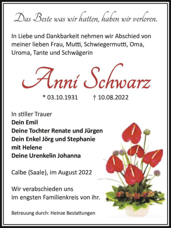 Traueranzeige von Anni Schwarz  von Magdeburger Volksstimme