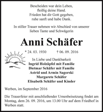 Traueranzeige von Anni Schäfer  von Magdeburger Volksstimme