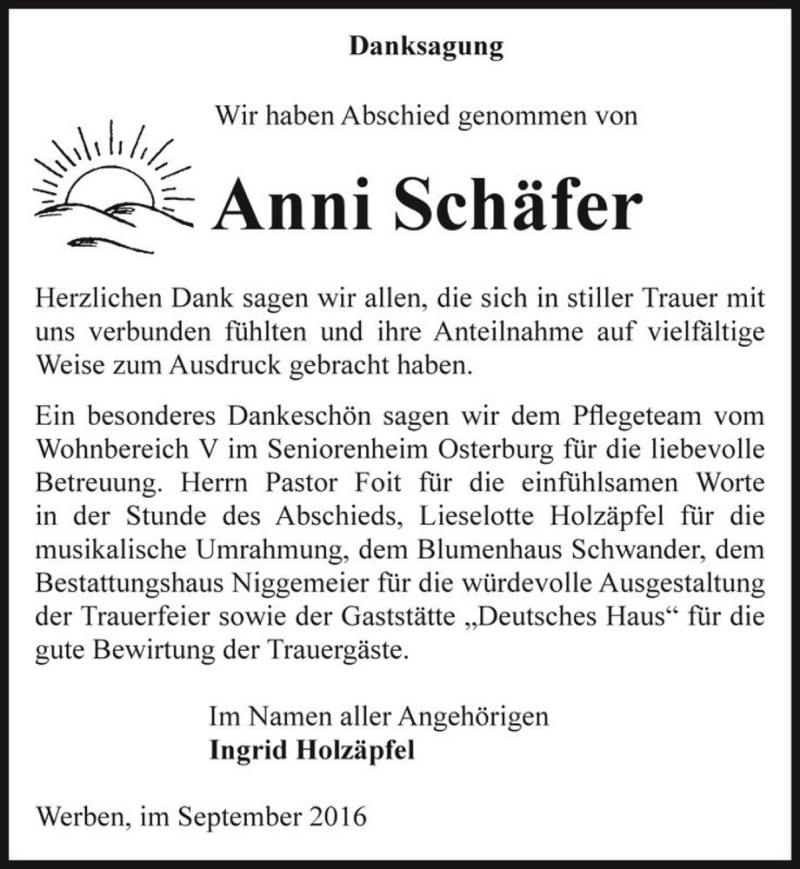  Traueranzeige für Anni Schäfer  vom 15.10.2016 aus Magdeburger Volksstimme