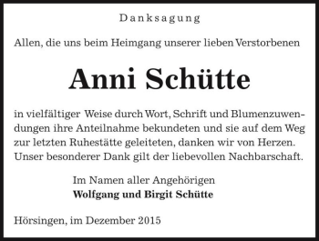 Traueranzeige von Anni Schütte  von Magdeburger Volksstimme