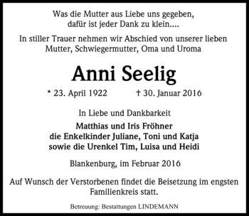Traueranzeige von Anni Seelig  von Magdeburger Volksstimme