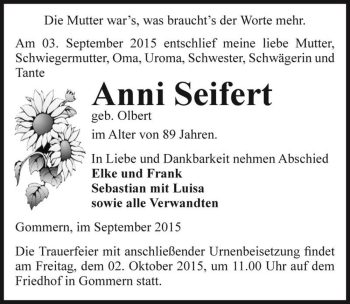 Traueranzeige von Anni Seifert (geb. Olbert)  von Magdeburger Volksstimme