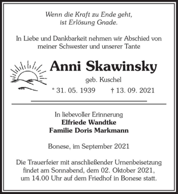 Traueranzeige von Anni Skawinsky (geb. Kuschel)  von Magdeburger Volksstimme