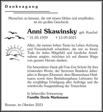 Traueranzeige von Anni Skawinsky (geb. Kuschel)  von Magdeburger Volksstimme