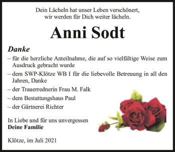 Traueranzeige von Anni Sodt  von Magdeburger Volksstimme