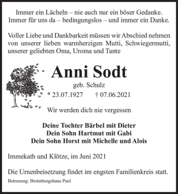 Traueranzeige von Anni Sodt (geb. Schulz)  von Magdeburger Volksstimme