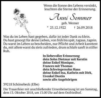 Traueranzeige von Anni Sommer (geb. Werner)  von Magdeburger Volksstimme