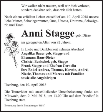 Traueranzeige von Anni Stagge (geb. Stagge)  von Magdeburger Volksstimme