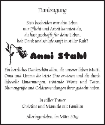 Traueranzeige von Anni Stahl  von Magdeburger Volksstimme