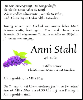 Traueranzeige von Anni Stahl (geb. Kalbe)  von Magdeburger Volksstimme