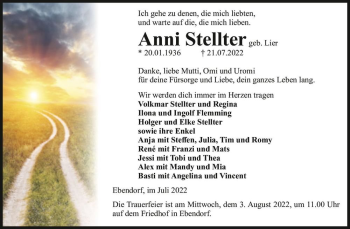 Traueranzeige von Anni Stellter (geb. Lier)  von Magdeburger Volksstimme